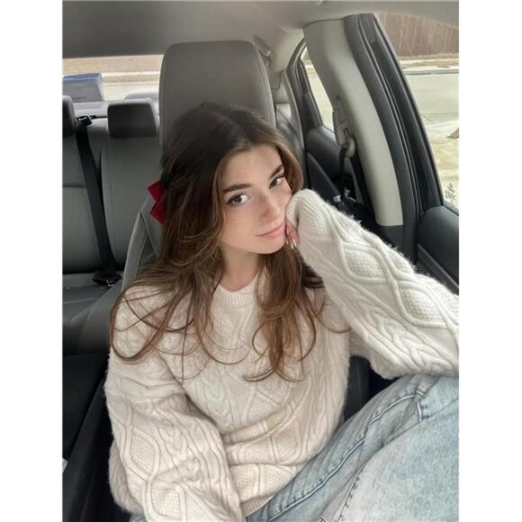 Women’s Oversized Vintage Knit Sweater – Long Sleeve Crewneck Pullover - Picture 6 of 7